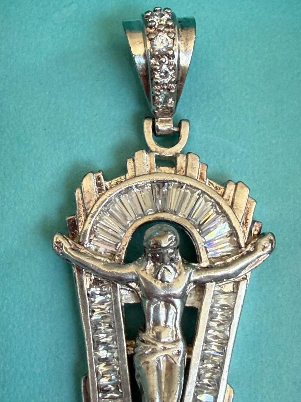 Vintage Large 925 Sterling Silver Jesus Crucifix Cross Pendant CZ Baguette